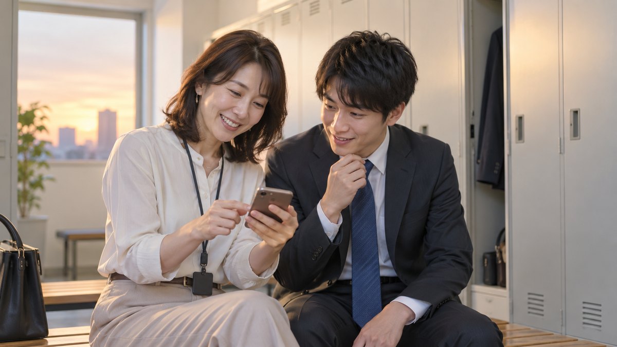 夕方、会社のロッカールームで、20代の男性幹事が40代の女性の先輩からスマートフォンで去年の会の写真を見せてもらい、うなずいている。画面は見えない角度