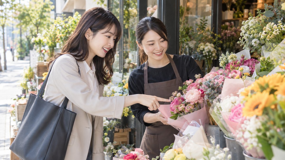 昼、会社の近くの花屋の店先で、20代の女性幹事が店員と一緒に、送る人に渡す花束の色を選んでいる。値札や看板の文字は写らない