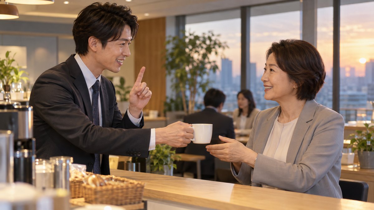 夕方、会社の喫茶コーナーのカウンターで、30代の男性幹事が50代の女性部長にコーヒーを手渡しながら、指を1本立てて挨拶の長さを伝えている