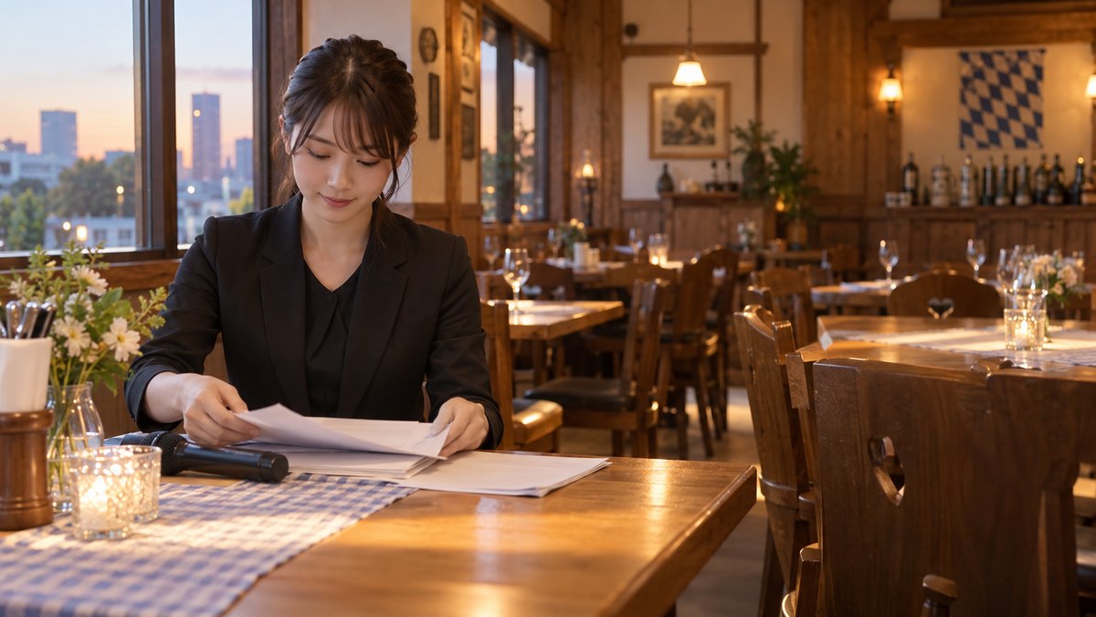 夕方、ドイツ料理店の木のテーブルの端で、開宴前に20代の女性司会者が台本の紙を順番にそろえている。ほかの席はまだ空いている。紙の文字は読めない
