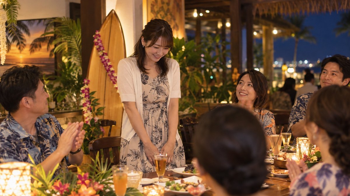 夜、ハワイアンレストランの貸切で、新しく来た30代の女性がグラスを置いて立ち、少し照れながら会場に会釈している