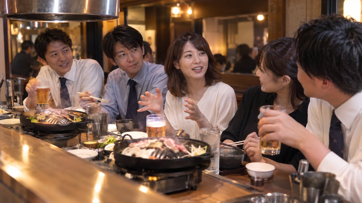夜、ジンギスカン店のカウンター席で、5人の同僚が鉄鍋を囲んで並んで座り、30代の女性が座ったまま皆に話し始めている