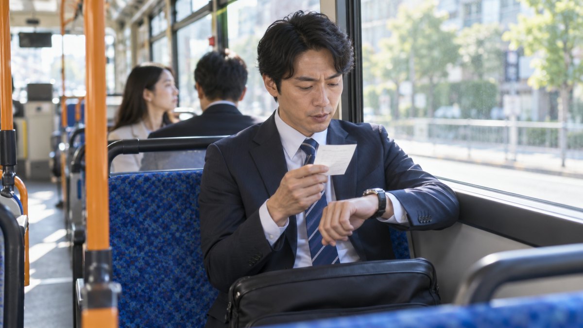 朝、通勤の路線バスのいちばん後ろの席で、30代の男性会社員が小さな紙を手に持ち、腕時計で時間を計りながら口を小さく動かしている。紙の文字は読めない