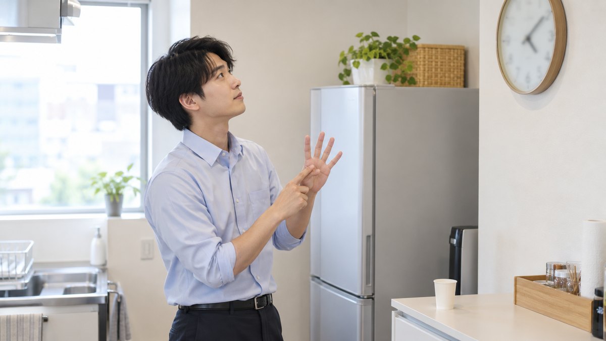 昼、会社の小さなキッチンスペースで、20代の男性幹事が冷蔵庫の横の壁にかかったアナログ時計を見上げながら、手元の紙コップを置いて指で時間を数えている。時計の数字は読めない