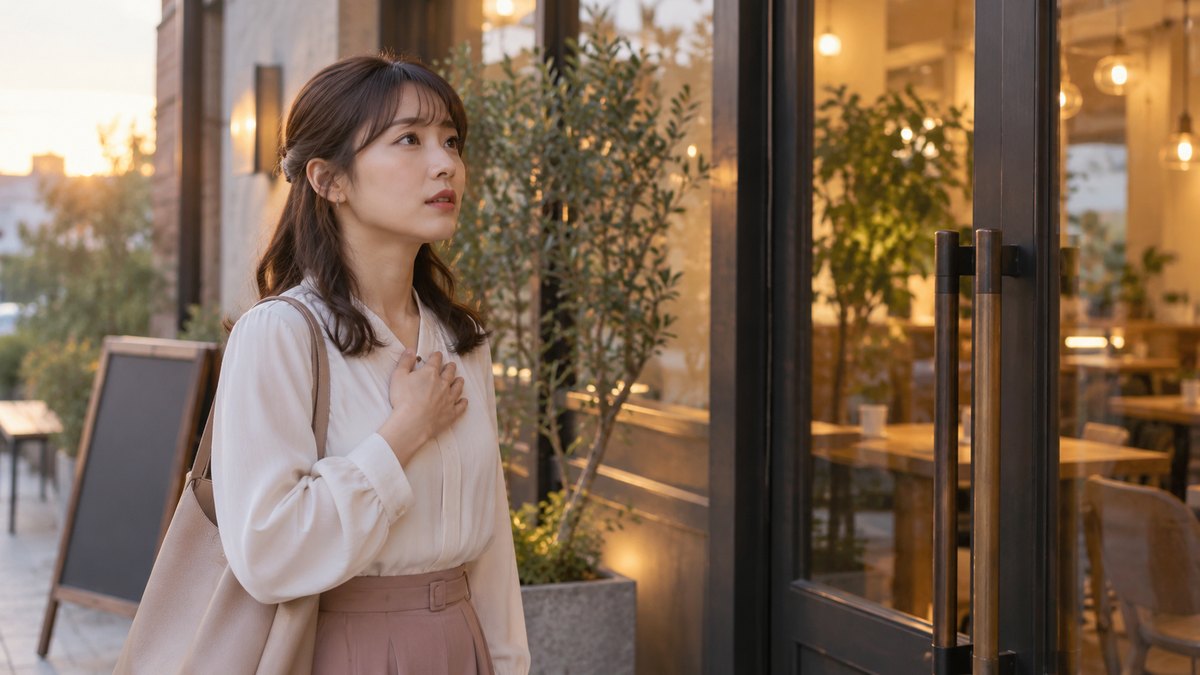 夕方、カフェレストランの入口の外で、20代の女性司会者がドアの取っ手に手をかける前に立ち止まり、胸に手を当てて小さく息を吸っている。店名の文字は写らない