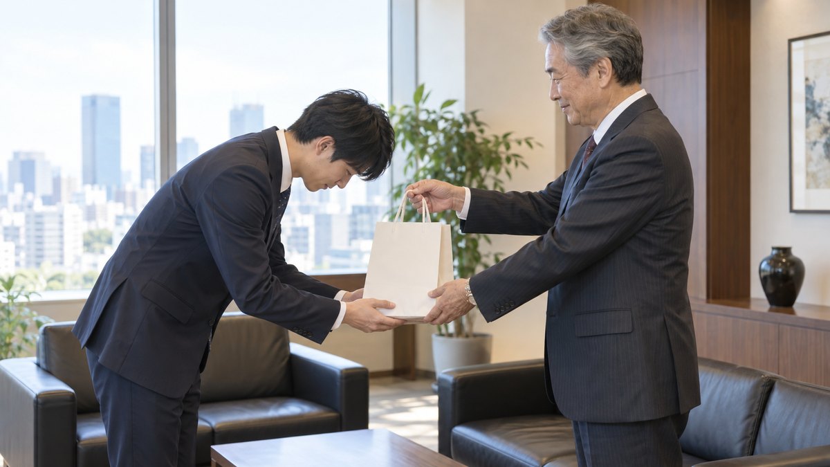 昼、会社の応接室で、20代の男性社員が両手で紙袋を受け取りながら、ソファの前に立つ60代の男性役員に深く頭を下げている。紙袋に文字は無い