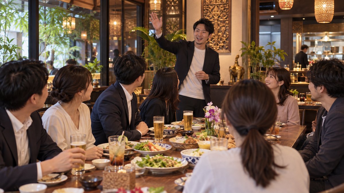 夜、タイ料理店の広いテーブル席の貸切で、30代の男性司会者が立ったまま片手を上げ、にぎやかに話していた社員たちが少しずつ彼の方を振り向き始めている。畳や障子は写らない
