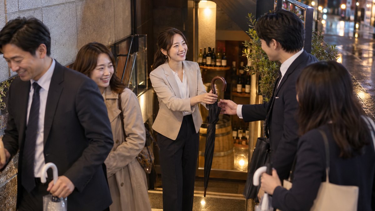 夜、地下にあるワインバルの入口の階段の上で、30代の女性司会者が、お開きのあと帰っていく同僚たちに預かっていた傘を手渡しながら見送っている。店名の文字は写らない