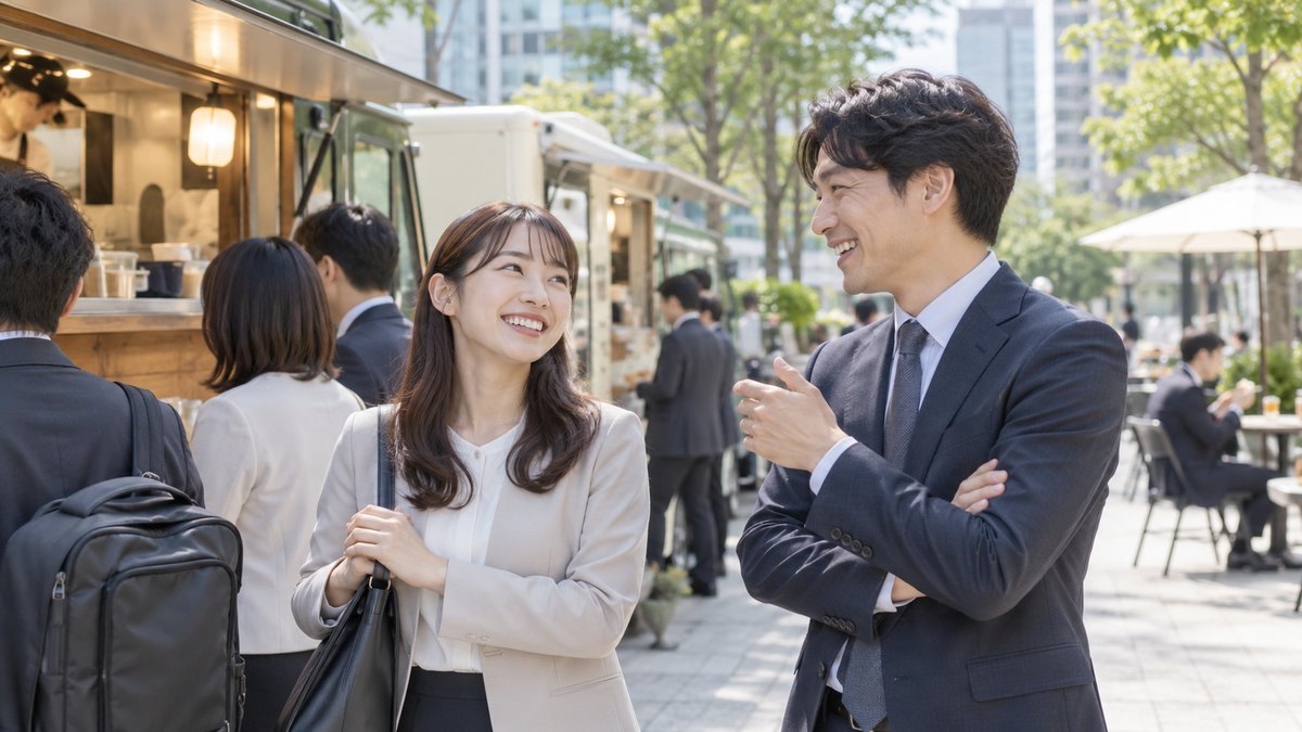 昼、オフィス街の公開空地に並ぶキッチンカーの列で、新しく来た20代の女性と30代の男性社員が並んで待ちながら笑って話している。車体やメニューの文字は写らない