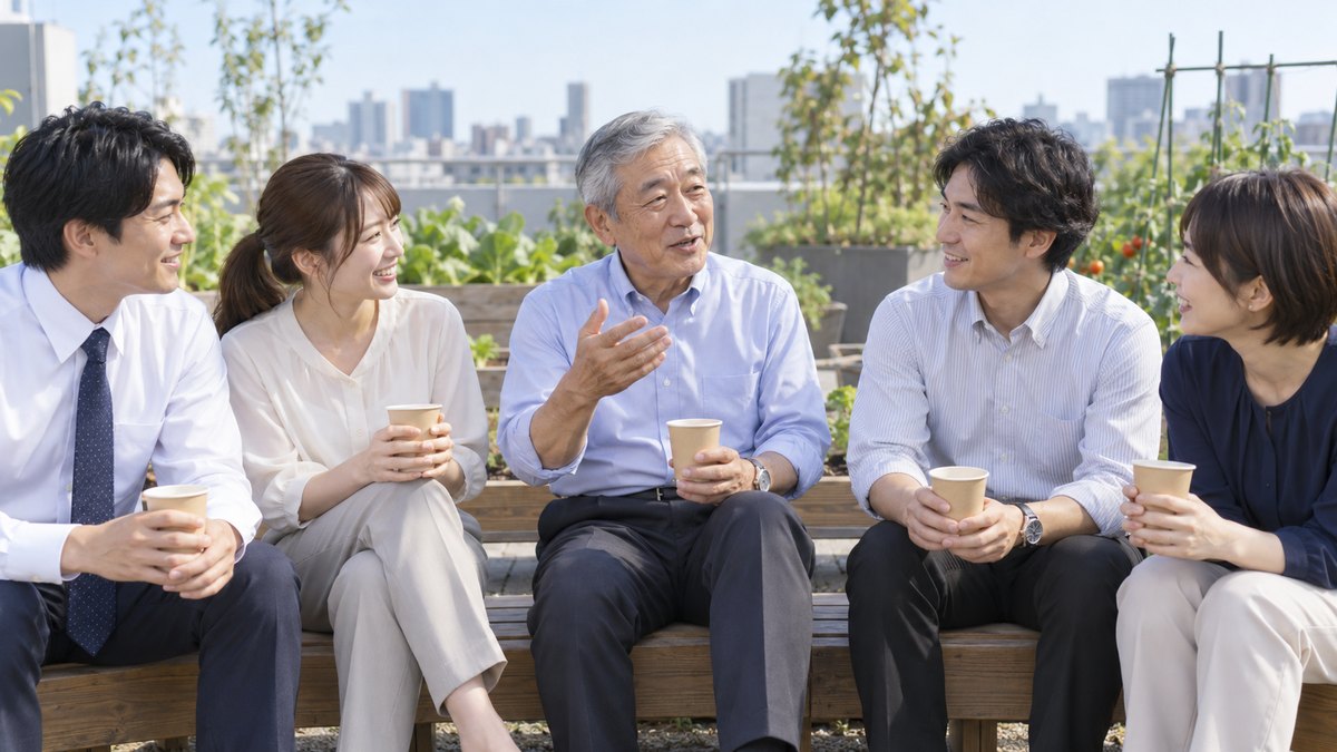 昼、会社の屋上の小さな菜園のそばで、5人の同僚が木のベンチに並んで座り、紙コップのお茶を手に、真ん中の60代の男性の話を聞いている