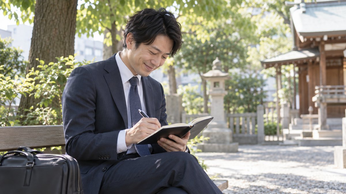 昼、会社の近くの小さな神社の境内の木陰のベンチで、30代の男性会社員が手帳を開き、思い出し笑いをしながらボールペンで何かを書き足している。川や橋は写らない。鳥居や札の文字は写らない