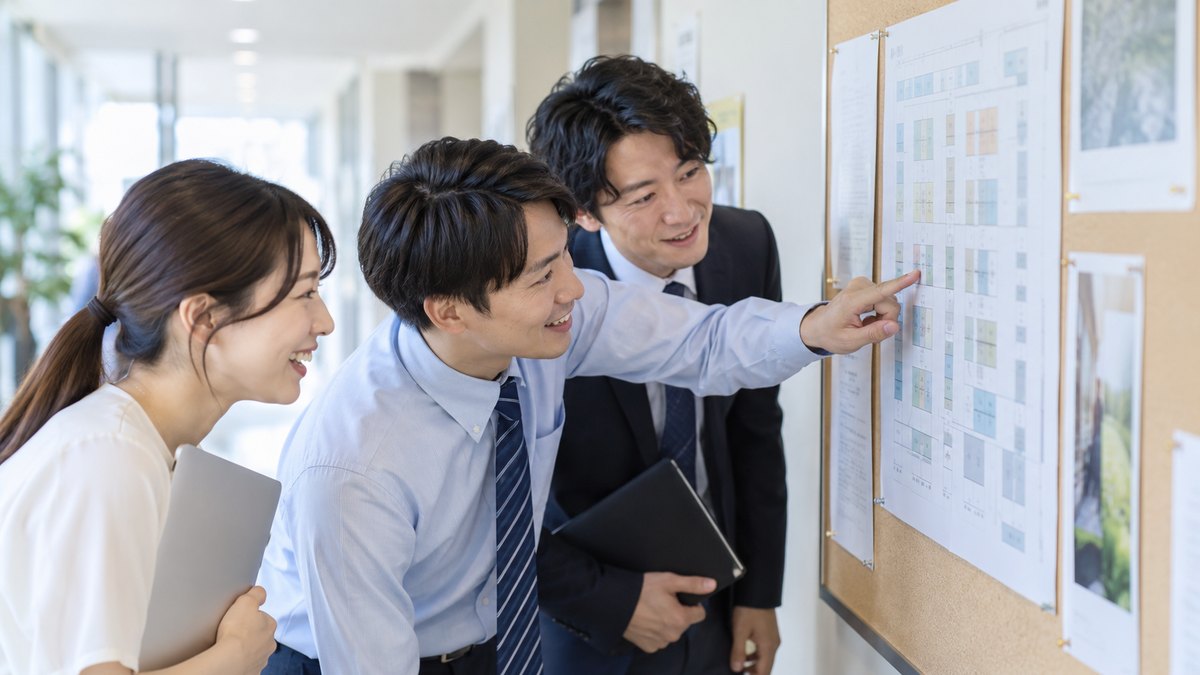 昼、会社の廊下の掲示板の前で、新しく貼り出された座席表を3人の社員がのぞき込み、自分の席を指さして確かめている。紙の文字は読めない