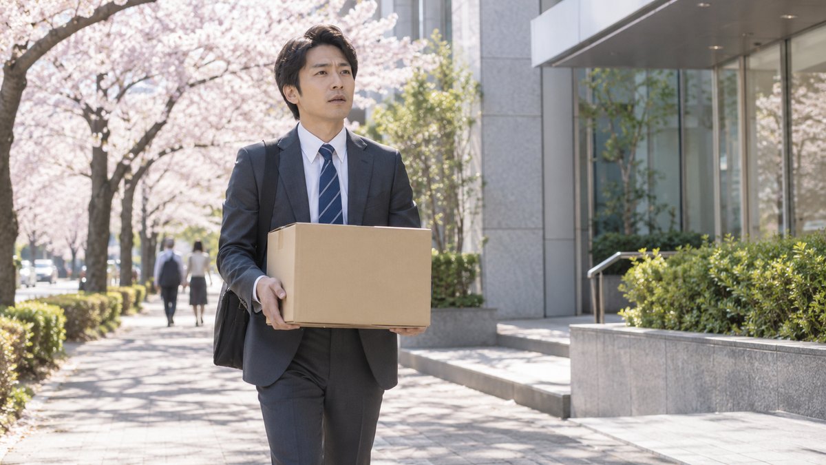 春の昼、満開の桜並木の歩道を、段ボール箱を1つ抱えたスーツ姿の30代の男性が、少し緊張した顔で会社の方へ歩いていく。会社名や看板の文字は写らない