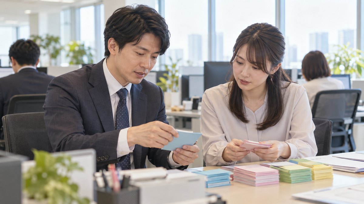 昼、営業部の机で、異動する30代の男性が後任の20代の女性と並んで座り、取引先ごとに色分けしたカードの束を一緒にめくっている。カードの文字は読めない