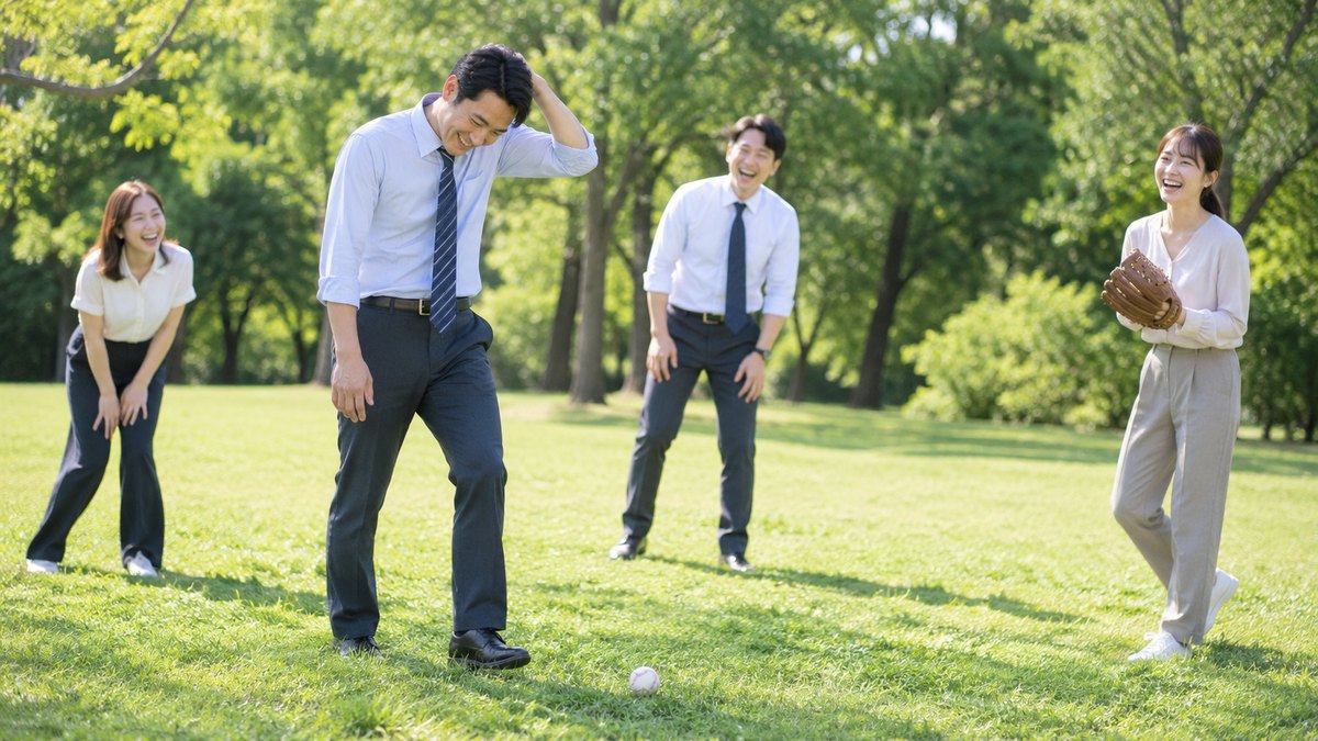 昼、公園の芝生で会社の同僚たちとキャッチボールをしていた30代の男性がボールを取りこぼして頭をかき、周りの同僚たちが笑っている。背景は公園の木々だけで、川・橋・ビル群は写らない