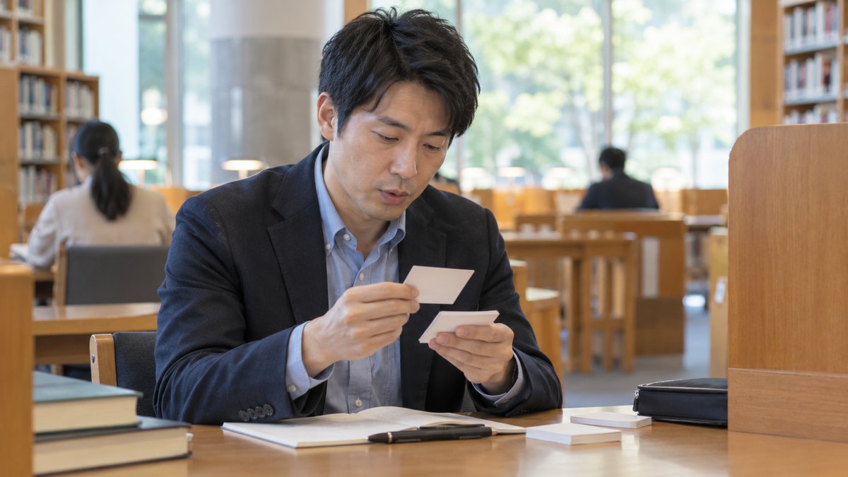昼、図書館の自習席で、30代の男性会社員が小さなカードを手にめくりながら、声を出さずに口を動かして言葉を確かめている。カードの文字は読めない