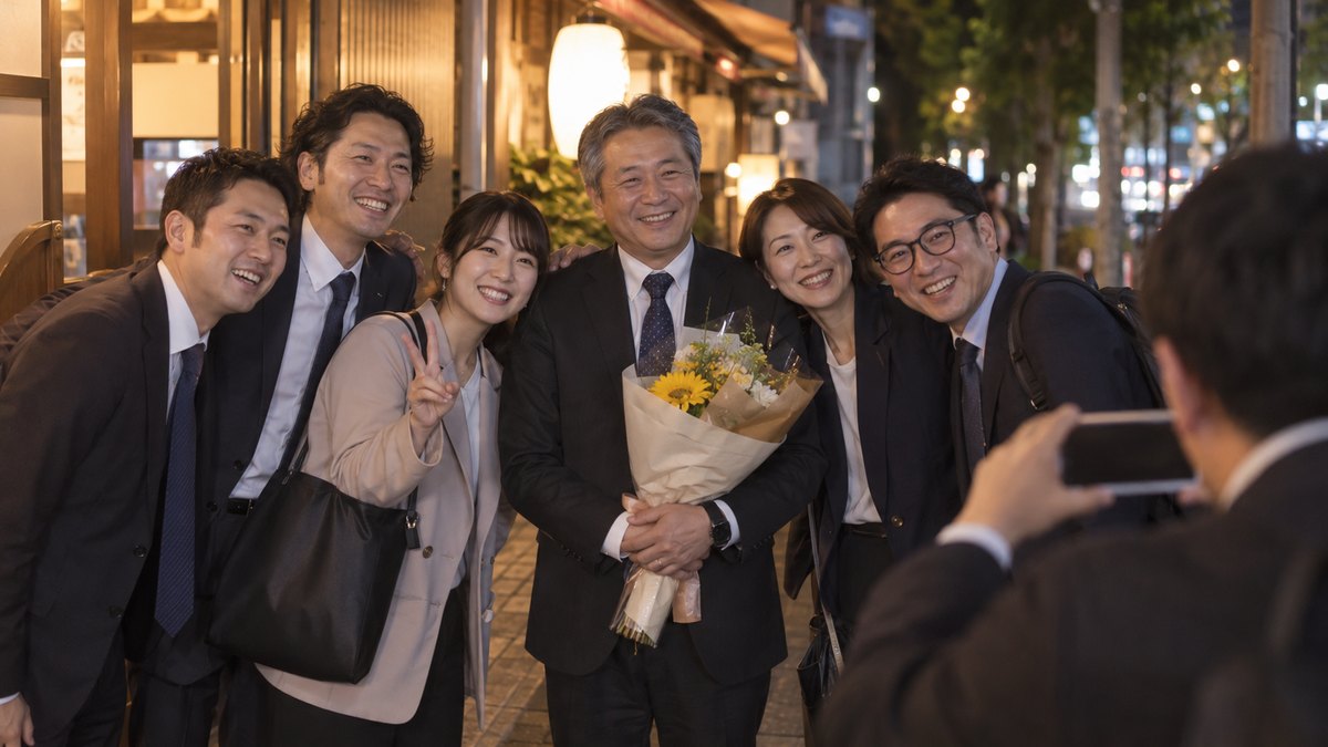 夜、お開きのあとの店の前の歩道で、異動する50代の男性を真ん中に、新しく来た20代の女性も加わって同僚たちが並び、記念写真を撮ろうと笑っている。スマートフォンの画面や看板の文字は写らない