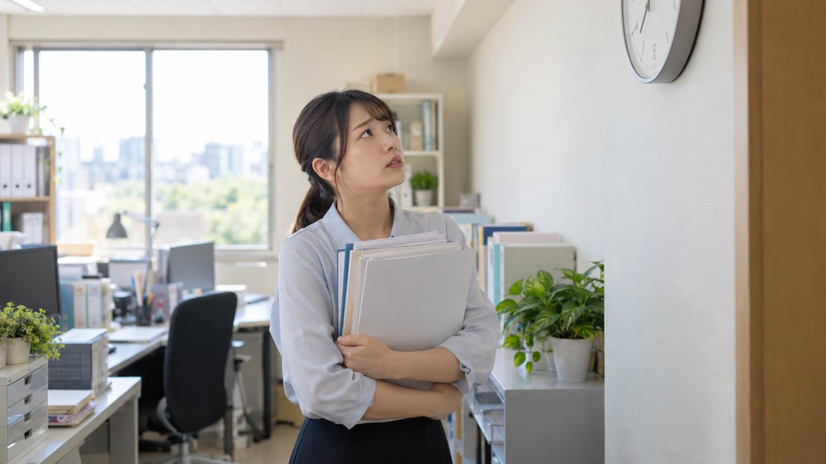 昼、小さな事務所で、20代の女性事務員が書類の束を胸に抱えたまま、壁の時計を見上げて少し不安そうな顔をしている。書類や時計の文字は読めない