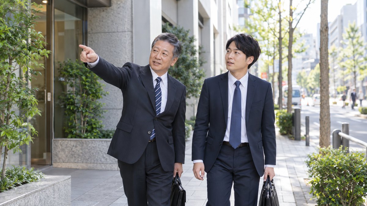 昼、営業所の前の歩道で、50代の男性課長と新しく来た30代の男性が並んで歩き、課長が道の先を指さして取引先の場所を教えている