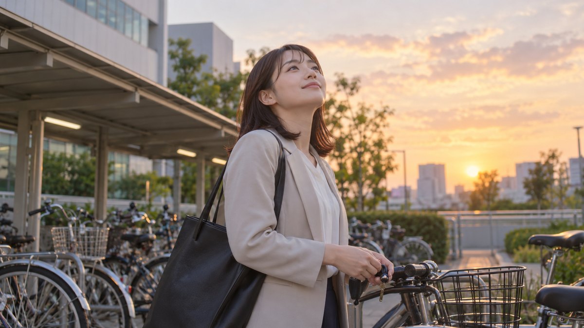 夕方、会社の駐輪場で、20代の女性社員が自転車の鍵を外しながら空を見上げ、小さく深呼吸している