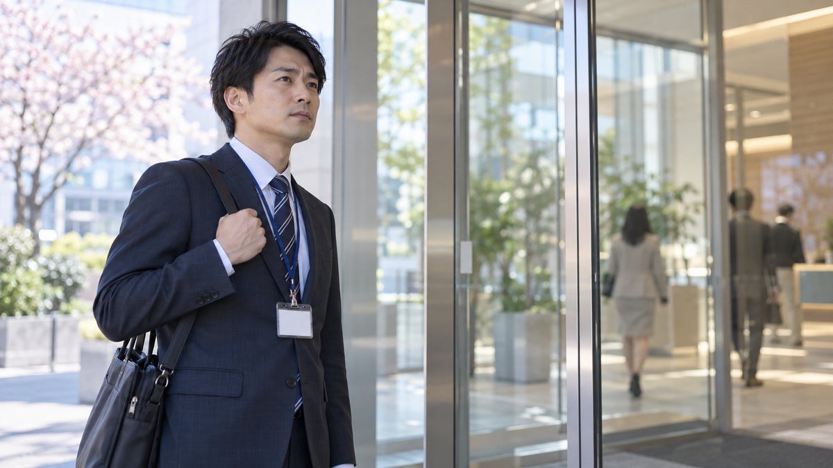 春の朝、会社の入口の自動ドアの前で、新しい名札を首にかけた30代の男性が少し緊張した顔で立ち止まり、ドアの向こうを見ている。名札の文字は読めない