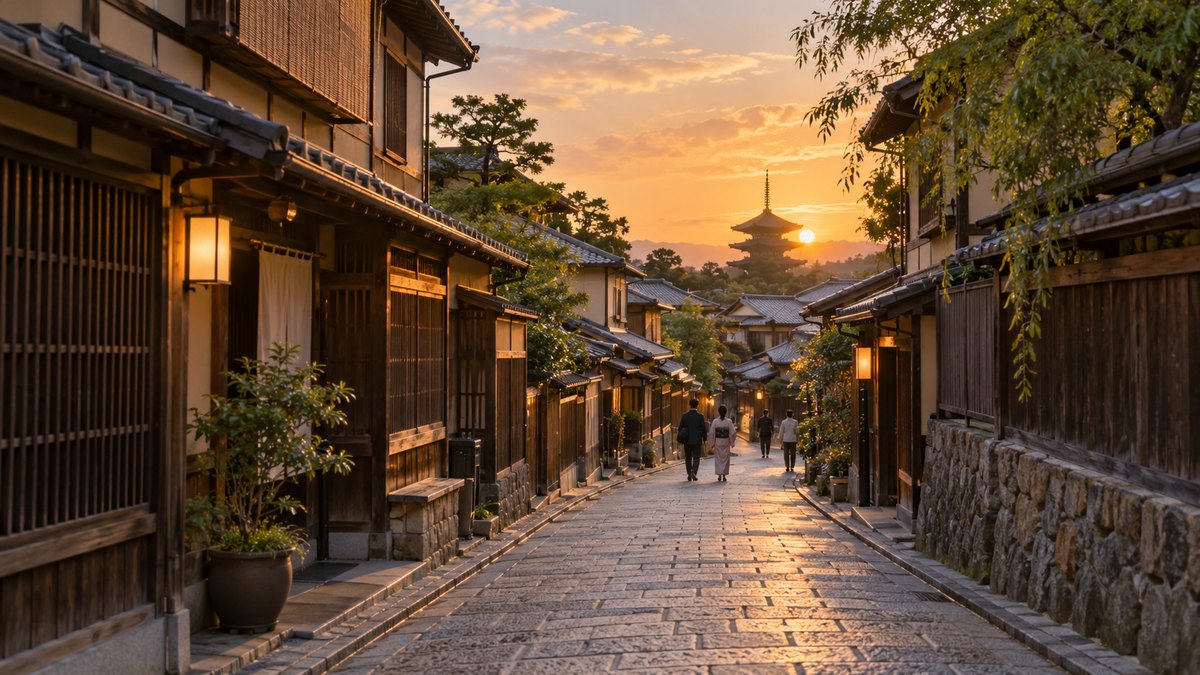 夕方、古い町家の格子戸が続く京都の静かな石畳の路地の遠景。人は小さく写り、顔は分からない。看板の文字は写らない