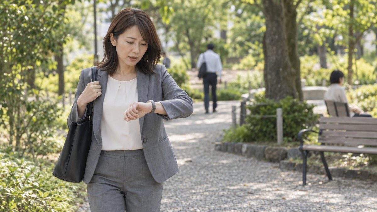昼、会社の近くの小さな公園の砂利道で、40代の女性会社員が腕時計を見ながら歩みをゆるめ、小さく口を動かしている。川やビル群は写らない