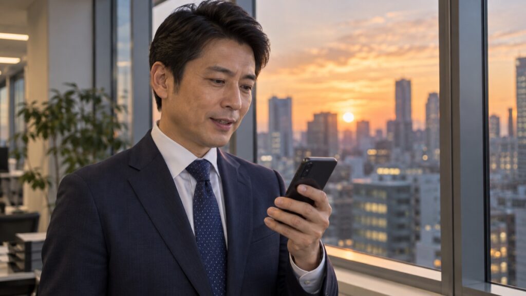 夕方のオフィスの窓際で、課長がスマートフォンのメモを見ながら短い言葉を確かめている