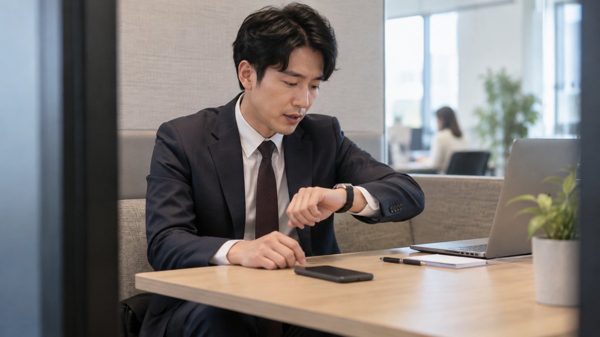 会社の小さな打ち合わせブースで、30代の男性がスマートフォンを机に伏せ、腕時計を見ながら小声で短い言葉を口にしている