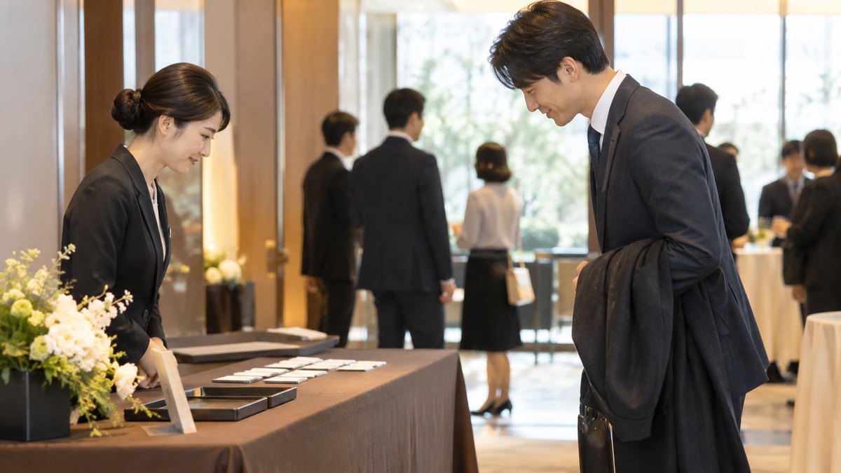 取引先の会社が開く忘年会の受付で、30代の男性がコートを腕にかけ、受付の女性に向かって丁寧に会釈している