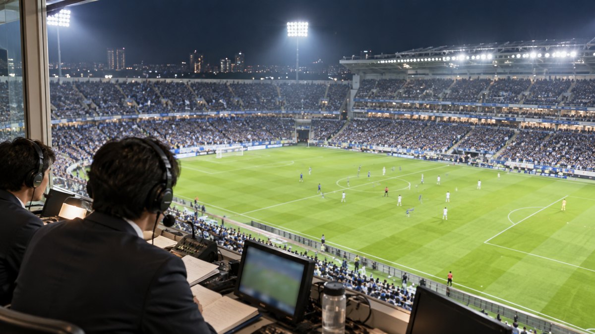 夜のサッカースタジアムの高い放送席から見下ろした、照明に照らされた緑のピッチと満員の観客席の遠景