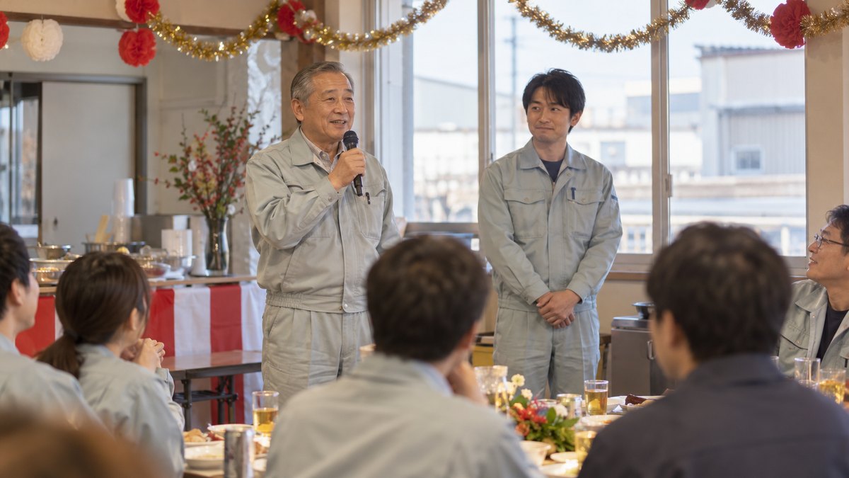 小さな町工場の食堂を飾りつけた忘年会で、作業着の60代の社長がマイクを持って話し、その横で30代の男性社員が少し緊張した面持ちで出番を待っている