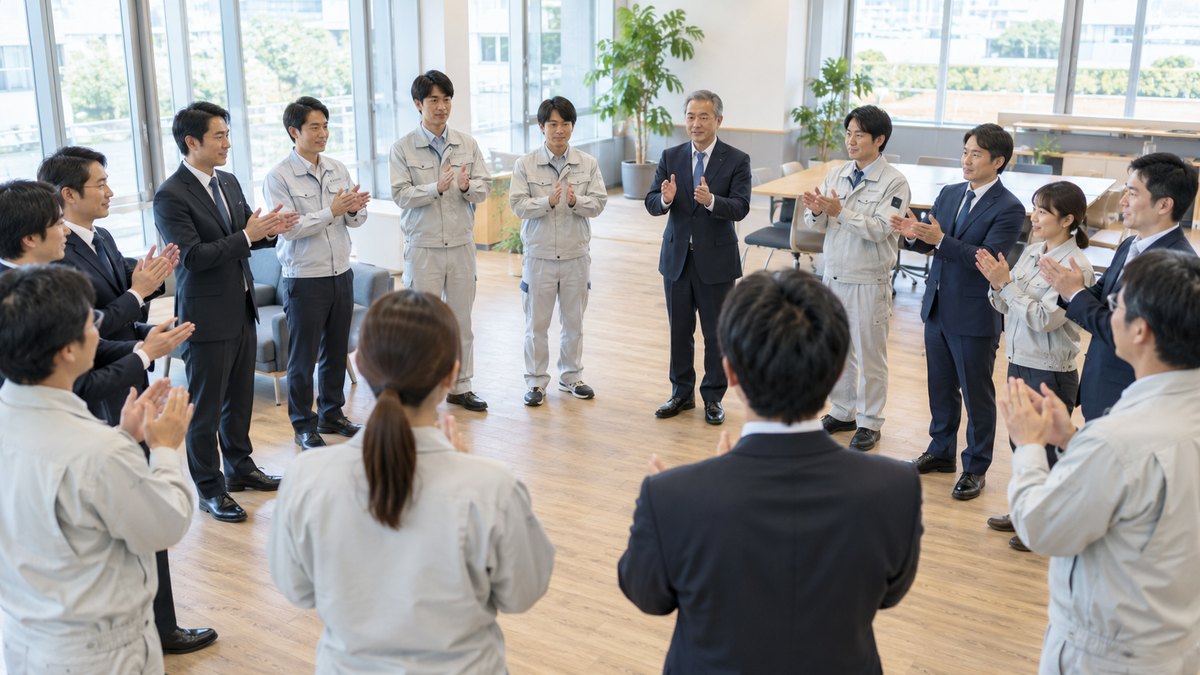 建設会社の事務所の広い打ち合わせスペースで、作業着とスーツ姿の社員15人ほどが輪になって立ち、両手を胸の前に構えて手締めを始めようとしている