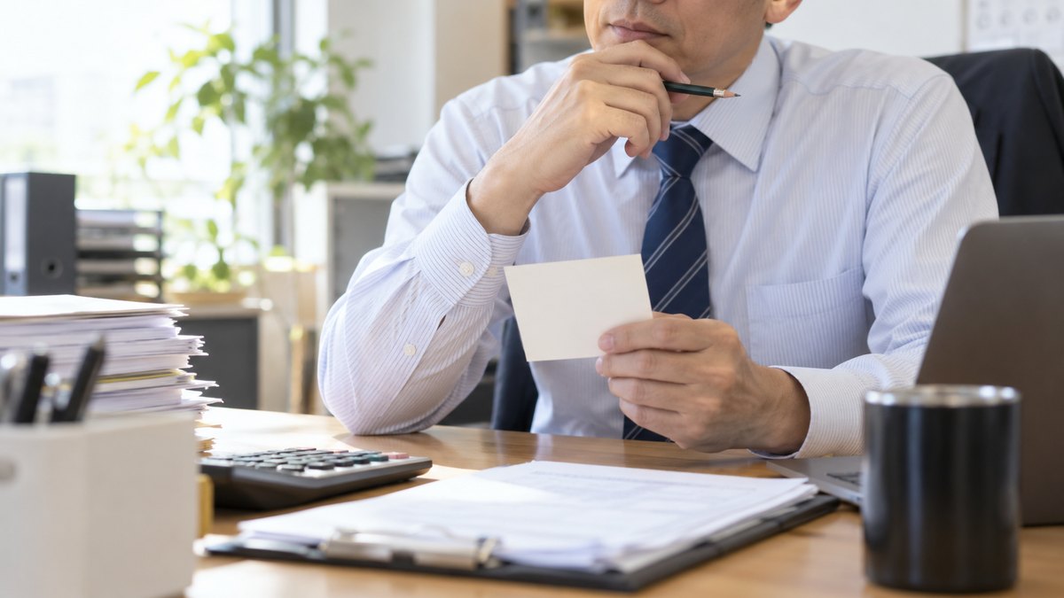 会社の経理部の机で、40代の男性が小さな無地のメモ用紙を手に取り、鉛筆を持ったまま考え込んでいる手元のアップ