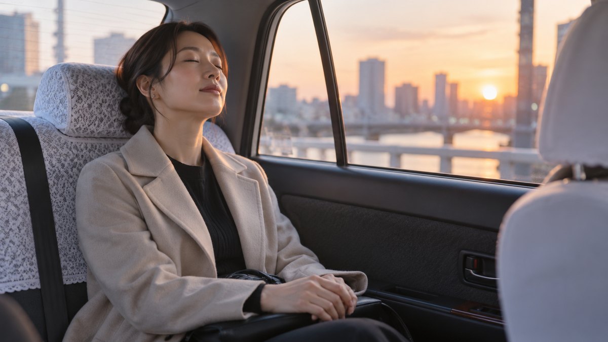 夕暮れのタクシーの後部座席で、コートを着た30代の女性が膝の上で手を組み、目を閉じてゆっくり息を吐いている