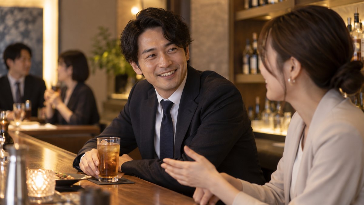 落ち着いた照明のバーカウンターで、30代の男性がウーロン茶のグラスに手を添え、隣の同僚の話に笑顔で耳を傾けている