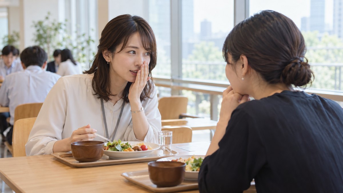 昼の社員食堂の窓際の席で、30代の女性社員がランチのトレーを前に、向かいに座った同僚の女性に短い一言を小声で聞いてもらっている