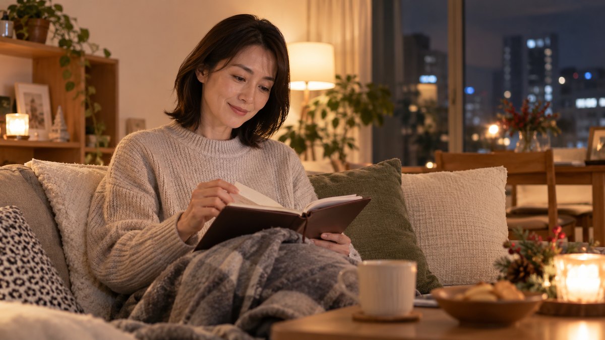 年末の夜の自宅のリビングで、40代の女性がソファに座り、膝の上で今年の手帳をめくりながら1年を振り返っている