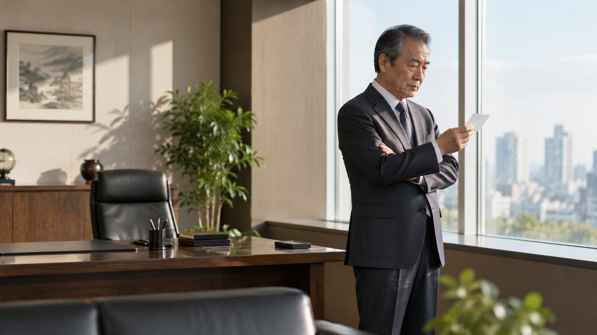 朝の静かな社長室で、60代の男性社長が窓際に立ち、手に持った小さなメモを見ながら静かに口を動かしている