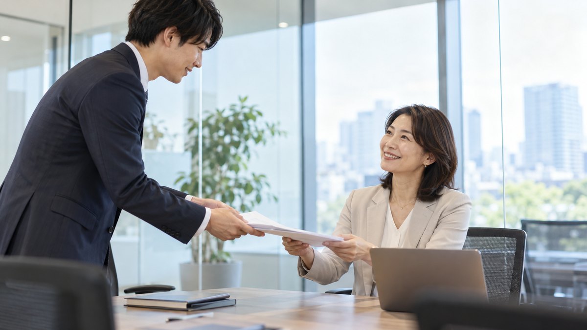 ガラス張りのミーティングルームで、40代の女性課長が部下の20代の男性から書類を受け取り、笑顔でうなずいている