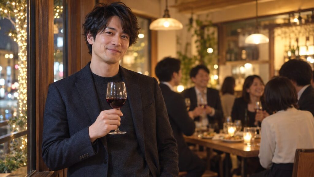 年末の夜、ビストロの窓際で、グラスを胸の前に持った男性が少し照れながら穏やかに微笑んでいる