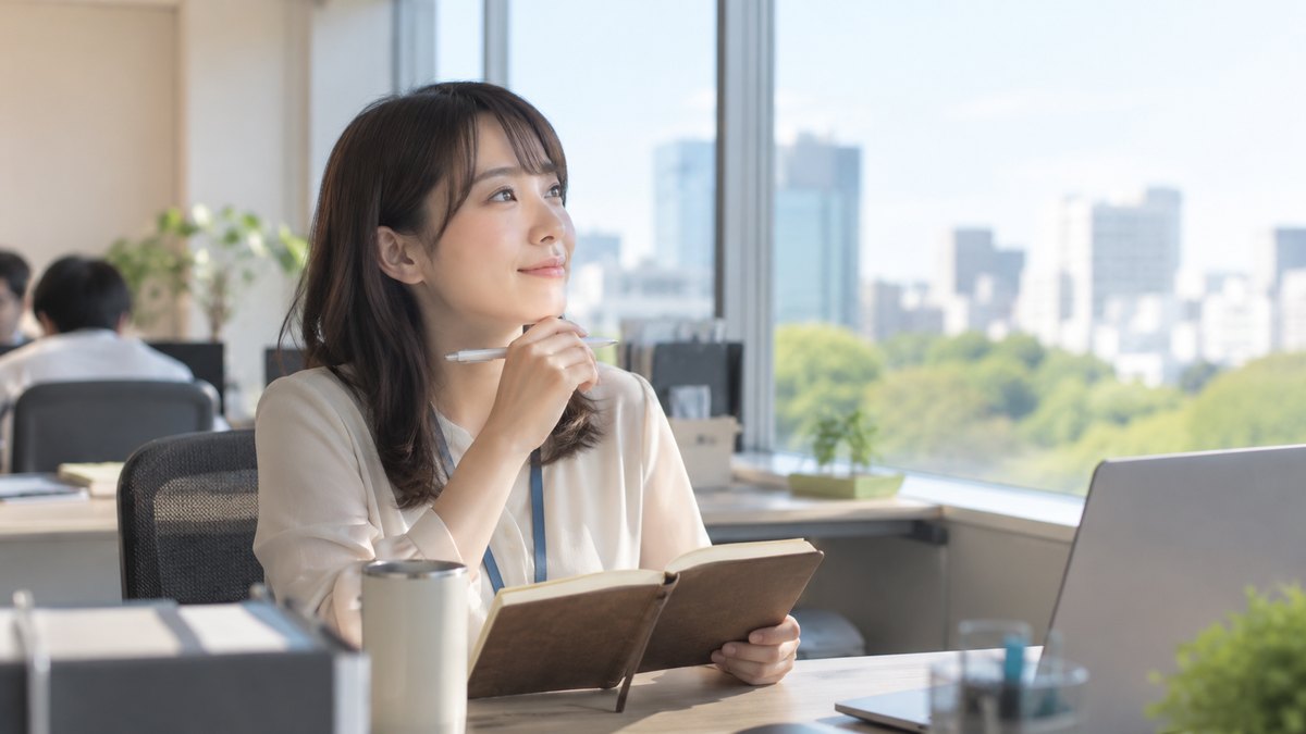 昼休みの静かなオフィスの自席で、20代の女性社員が手帳を開き、ペンを持ったまま窓の外を見て、今年の出来事を思い出している