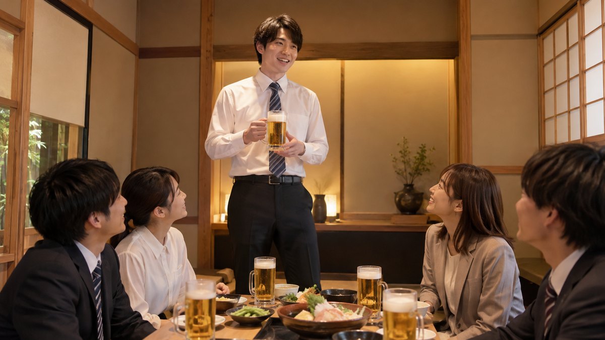 和風ダイニングの掘りごたつの個室で、20代の若手男性社員がジョッキを胸の前に持って立ち上がり、座っている同僚たちが彼を見上げて話を待っている