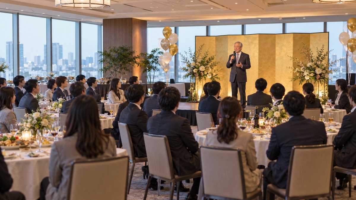 会社の大会議室を飾りつけた忘年会で、60代の社長が会場の前方に立ってマイクで話し、丸テーブルの社員たちが静かに耳を傾けている遠景