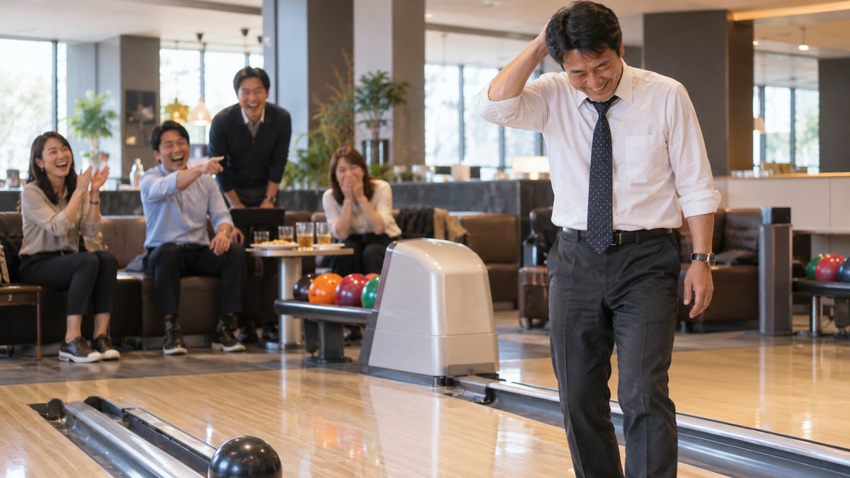 貸し切りのボウリング場の忘年会で、ガターを出した40代の男性が照れ笑いで頭をかき、後ろのベンチの同僚たちが声を上げて笑っている