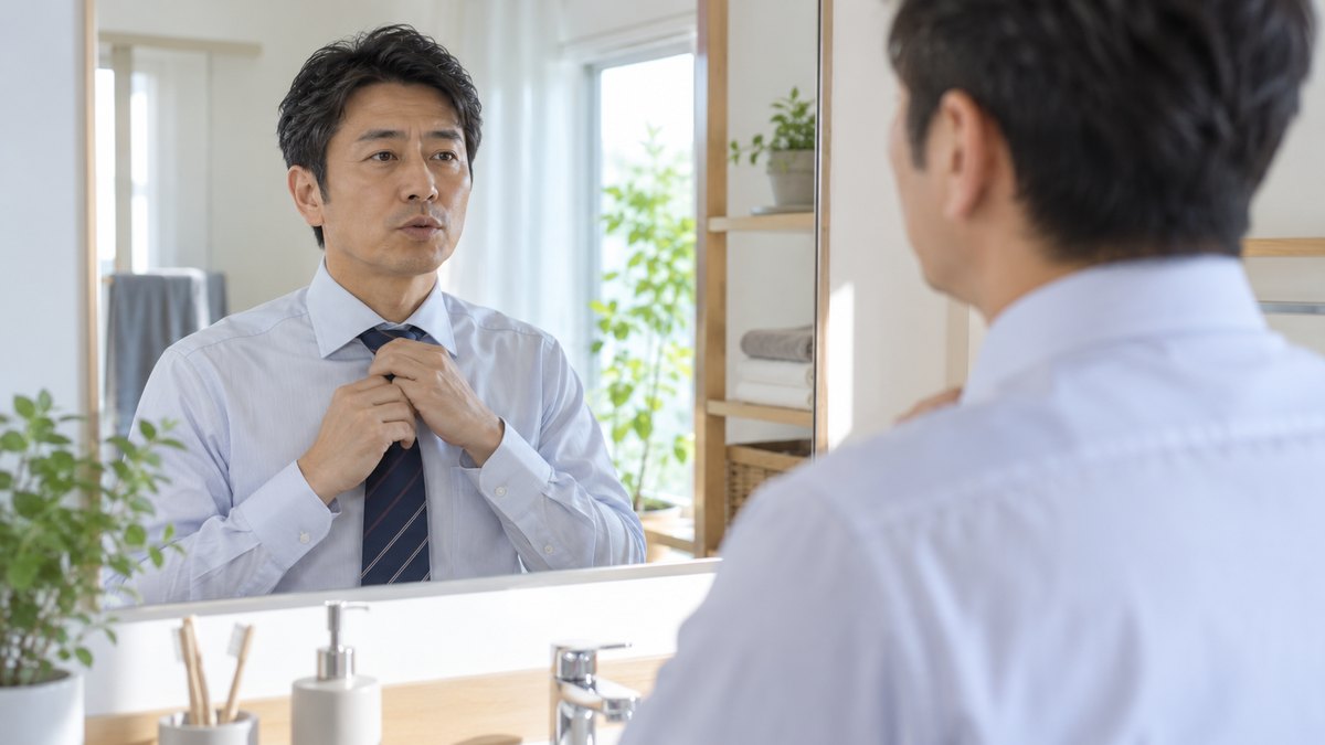 朝の自宅の洗面所の鏡の前で、40代の男性がネクタイを締めながら、鏡の中の自分に向かって口を小さく動かしている
