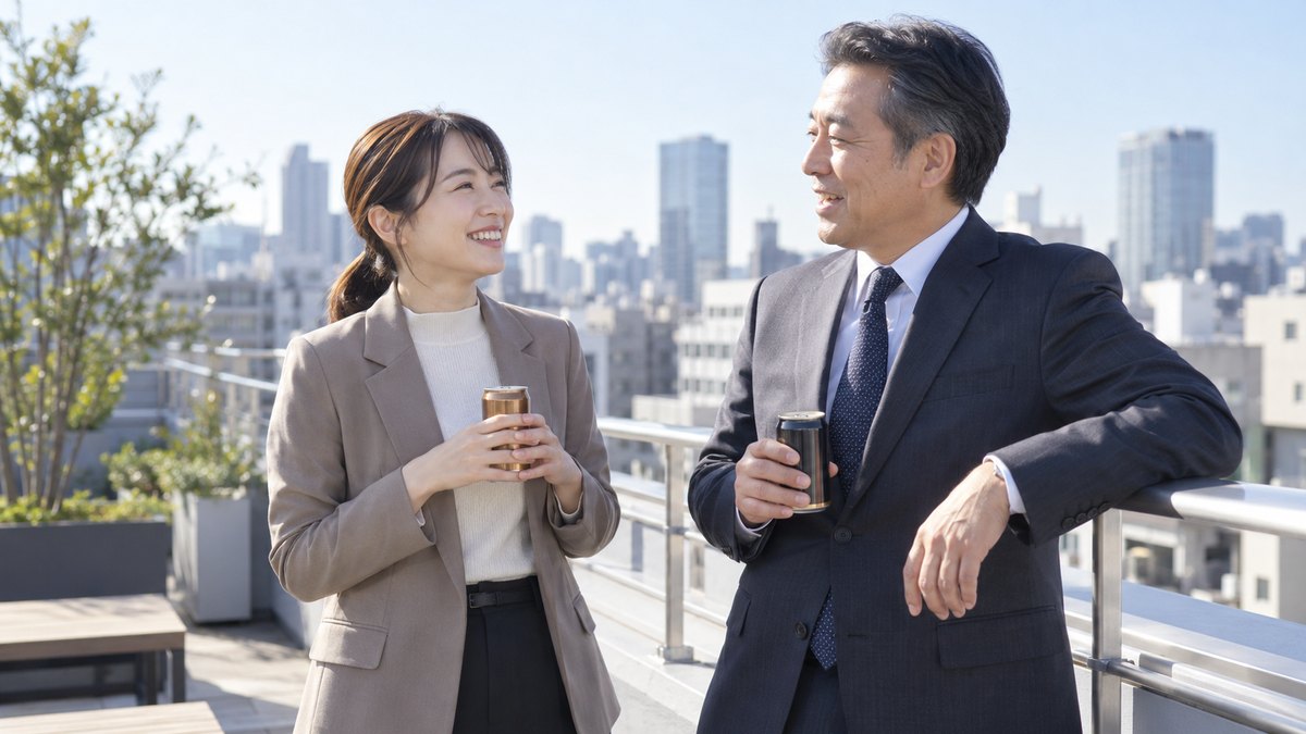晴れた冬の昼休み、会社の屋上で、缶コーヒーを手にした30代の女性と50代の男性が手すりのそばで穏やかに話している