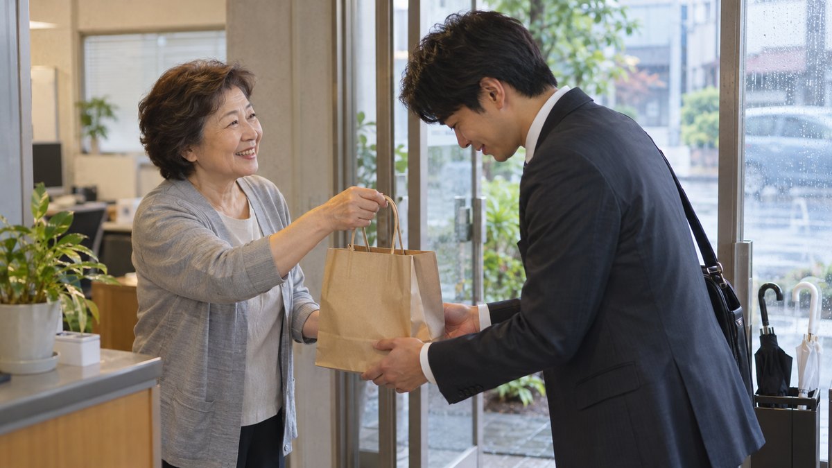 雨の日の小さな事務所の玄関先で、30代の営業担当の男性が、取引先の60代の女性から笑顔で紙袋を受け取り、頭を下げている