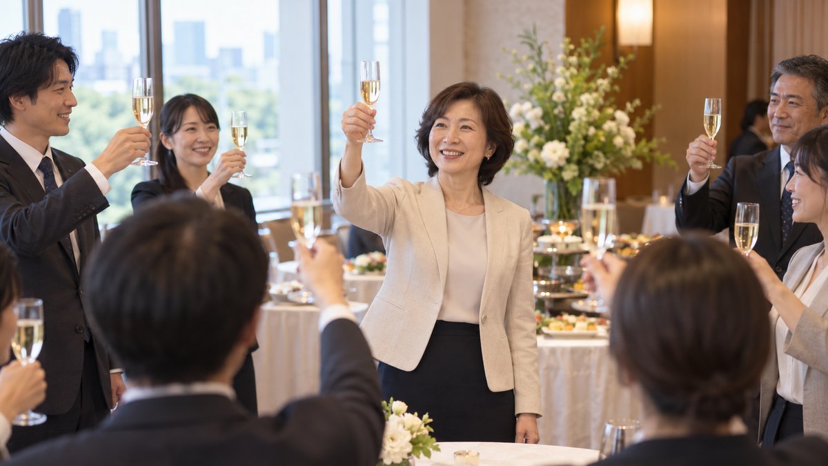 ホテルの小さな宴会場の立食パーティーで、50代の女性部長がシャンパングラスを目の高さに掲げ、周りの社員たちも一斉にグラスを持ち上げている