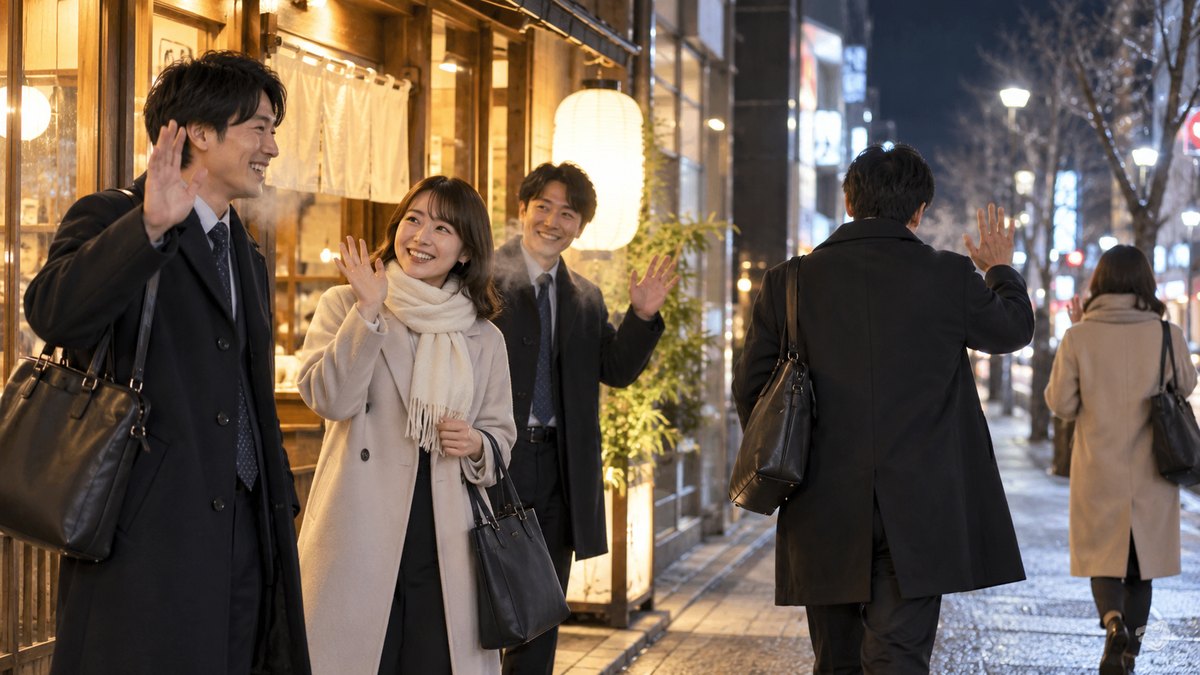 冬の夜の繁華街の店の前で、コートを着た会社員たちが白い息を吐きながら手を振り合い、それぞれの帰り道へ別れていく